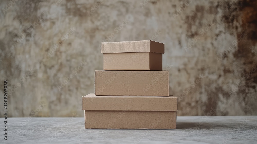Poster empty cardboard boxes stacked on a textured concrete surface ready for decoration and filling with i