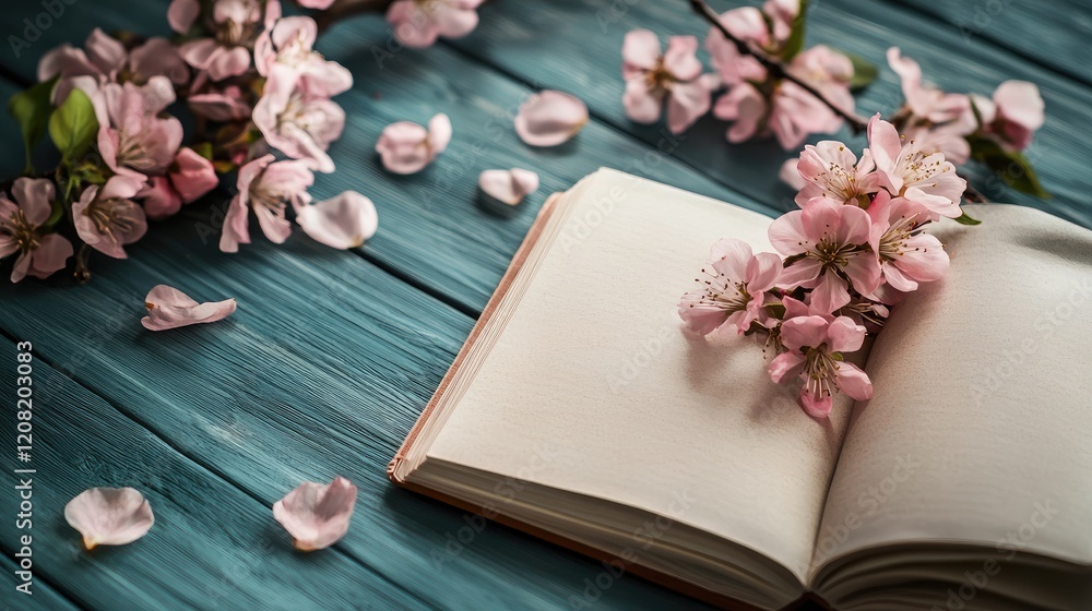Poster open sketchbook adorned with peach blossoms and petals on a rustic blue wooden surface creating a se