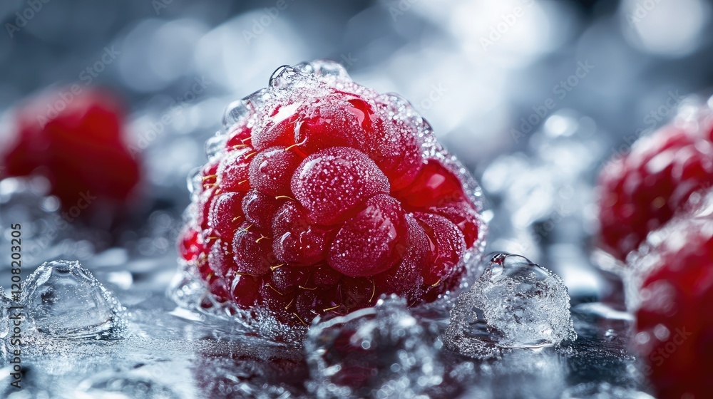 Poster ripe raspberry encased in ice macro shot showcasing vibrant color and water droplets on frozen fruit