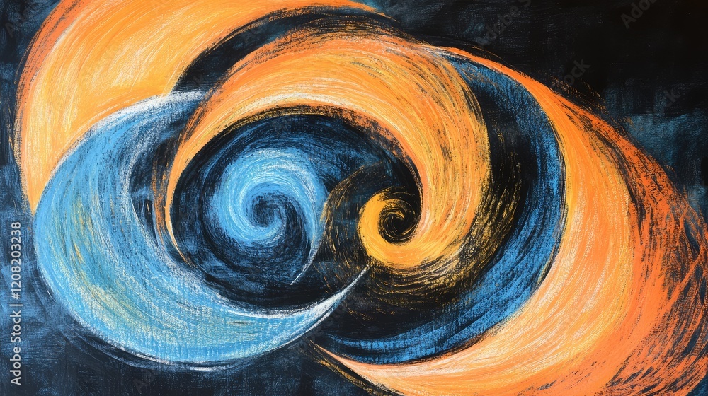 Poster vibrant orange and blue swirling chalk strokes on a dark background creating a dynamic abstract comp