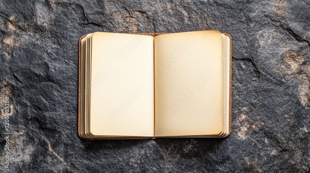 Aufkleber blank open notebook on rustic stone surface for creative writing and design inspiration