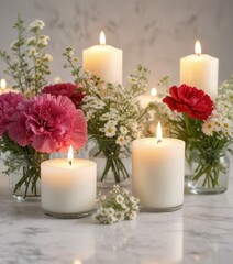 Beautifully arranged candles with a mix of fresh flowers, including carnations, daisies, and baby's breath, on a clean white surface, fresh cut flowers, beautiful presentation, colorful bouquet