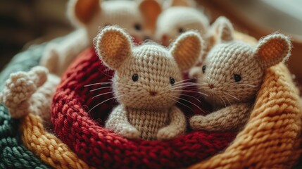 Obraz premium Handmade knitted mice nestled in colorful yarn showcasing craftsmanship perfect for gifts or toys with a soft blurred background