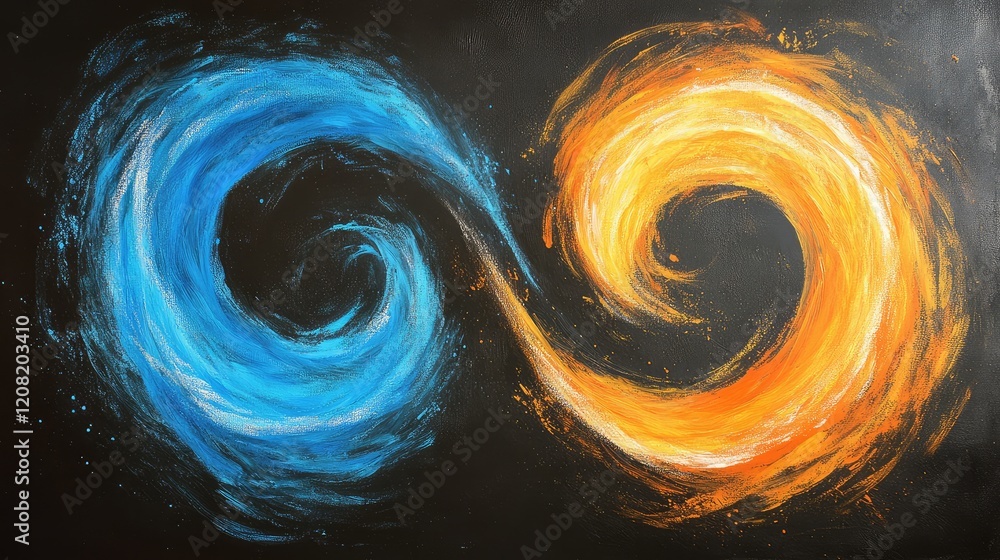 Poster vibrant swirls of orange and blue chalk on dark canvas creating dynamic flowing energy in abstract d