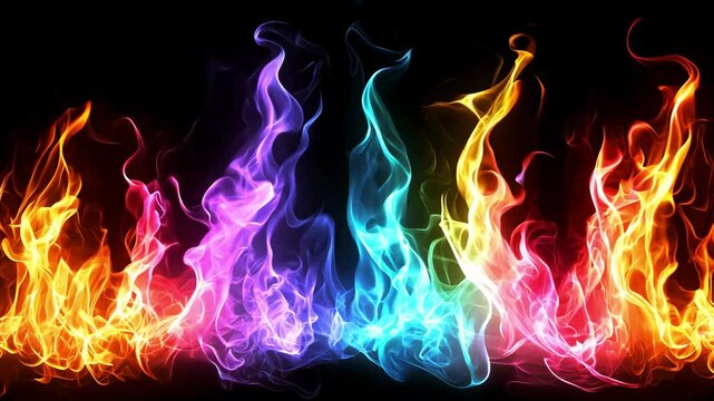 Bright colorful flames in hues of purple, blue, and orange swirl elegantly against a dark backdrop, forming a stunning, dynamic display