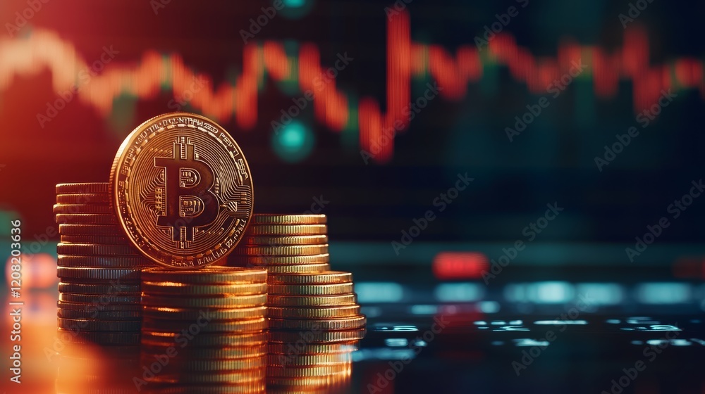 Poster Gold bitcoin coins stacked on each other in front of a trading screen showing a decreasing graph, representing cryptocurrency investment and trading