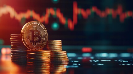 Gold bitcoin coins stacked on each other in front of a trading screen showing a decreasing graph, representing cryptocurrency investment and trading