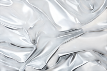 Shimmering silver fabric with intricate folds and textures creating a dynamic visual effect in soft light isolated on transparent background