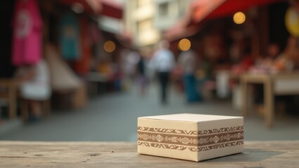 3D Printed Box Mockup, 3D printed box with ethnic patterns in a market setting no blur.
