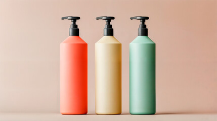 Colorful pastel bottles with pump dispensers for personal care or hygiene products  .