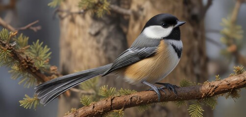 Fototapeta premium Black Capped Chickadee with its distinctive black cap , bird photography, feather pattern, black and white