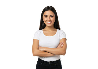 Obraz premium A cheerful young woman with long dark hair, wearing a white shirt and black pants, standing with arms crossed and smiling isolated on transparent background