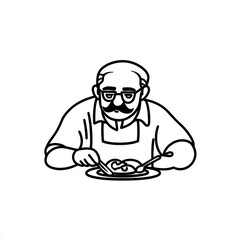 Man with mustache eats food on a plate, isolated, black lines on white, for menu, recipe