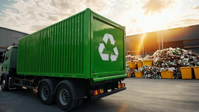 A green recycling truck parks at a waste management site filled with bins, showcasing environmental efforts at sunset