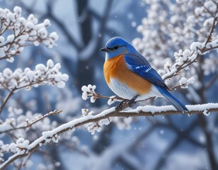 Blue bird perched on a thin tree with snow-covered branches, snowy tree, blue bird