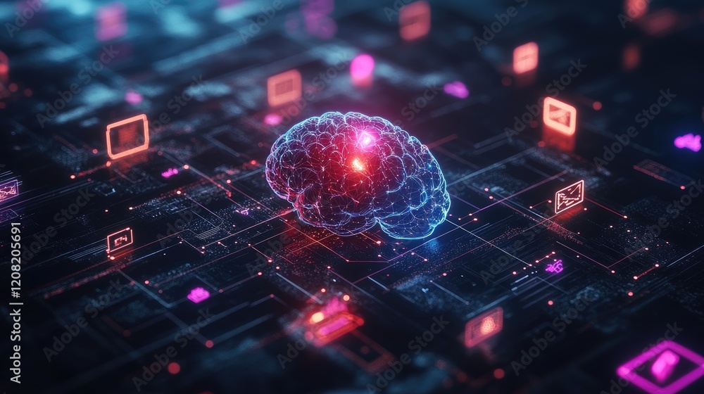 Poster a glowing digital brain surrounded by icons representing artificial intelligence and neural networks