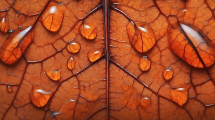 Autumn Leaf Veins Water Droplets Closeup Macro