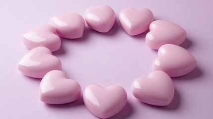 Obraz premium A group of pink hearts forming a circle on a pale lavender background, leaving space in the middle for text.