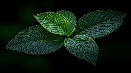 Close-up of vibrant green leaves against a dark background, showcasing intricate textures and patterns