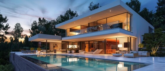 Fototapeta premium Modern villa with pool, night scene
