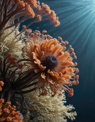 Brown beadlet anemone with opened tentacles attached to a sea fan in the ocean, anemone, coral reef