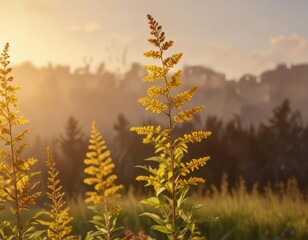 Obraz premium Brown branches of goldenrod sway gently in the breeze against the backdrop of a warm golden light , autumn, tree