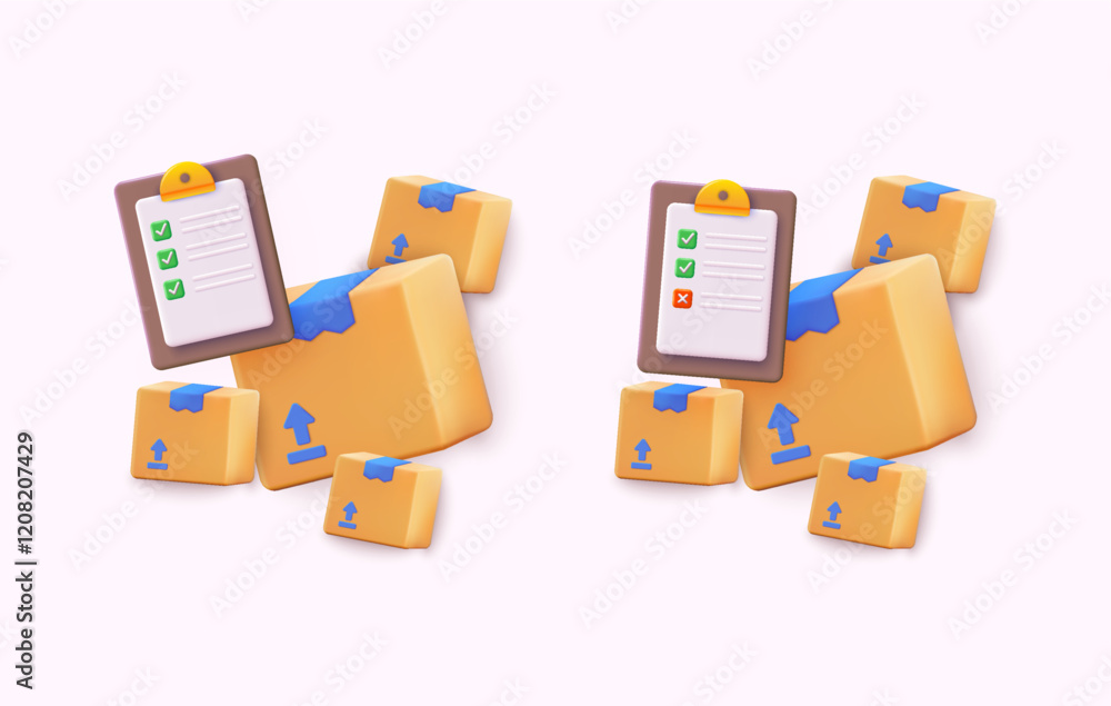 Poster clipboard on package checklist with delivery package icon. cardboard box mockup set. 3d web vector i