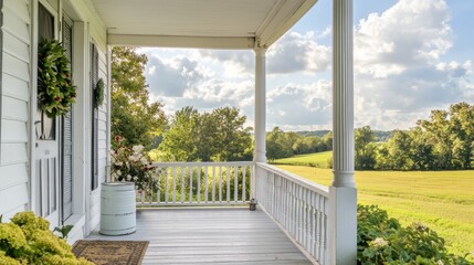 Farmhouse style front porch with white wood railings generative ai