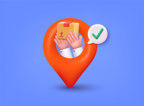 3D online deliver service.Hand holding box in map pin. Fast Delivery Concept. Fast delivery logo template. 3D Web Vector Illustrations.