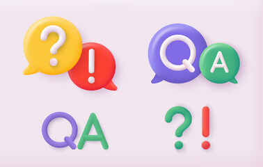 Set of question and answers concept in cartoon 3d style.  QA letters - qustions and answers section icon. 3D Web Vector Illustrations.