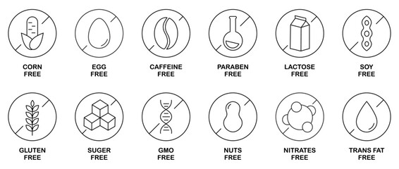 Allergen-Free Icon Set: Corn free, Egg free, Caffeine free, Paraben free, Lactose free, Soy free, Gluten free, Sugar free, GMO free, Nuts free, Nitrates free and Trans fat free.  No allergy icons set.