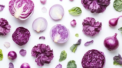 A neat display of purple vegetables, including fresh lettuce, cabbage, and onions, isolated on a clean white background.