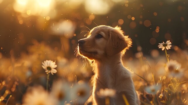 Realistic wallpaper of a golden retriever puppy playing in a sunny garden