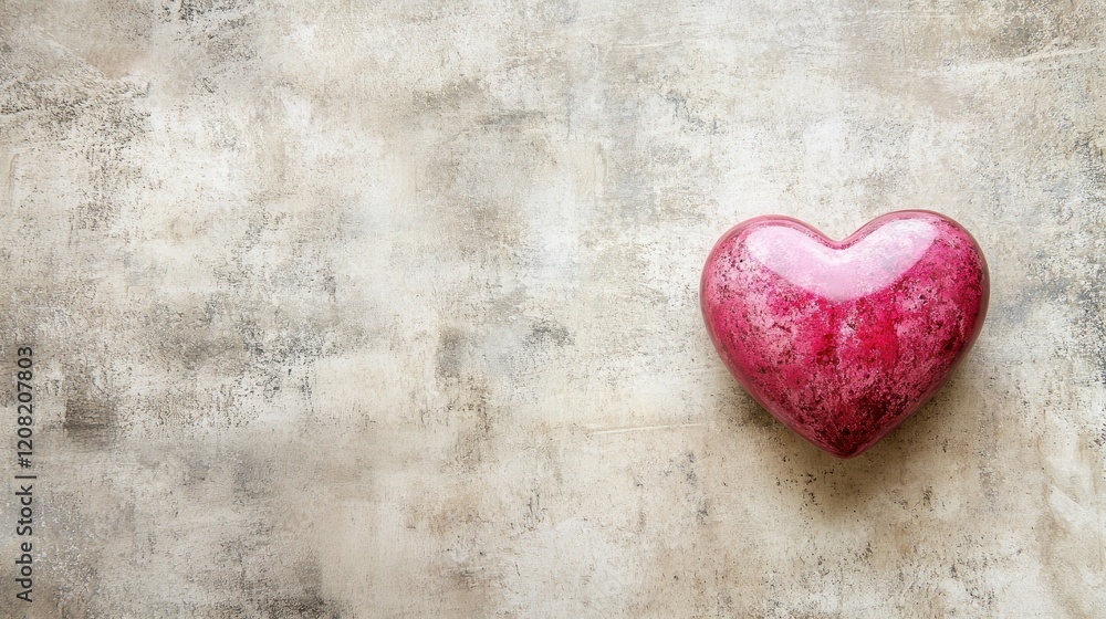 Poster a pink heart with a glossy finish on a muted beige background, centered with elegant simplicity. ple