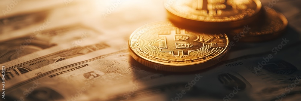 Poster several shiny golden bitcoins lie on top of a bed of us dollar bills, symbolizing the intersection o