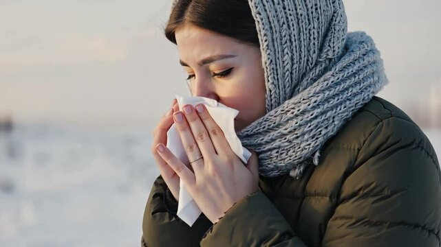 Winter Cold: A young woman bundled in a warm scarf and jacket, sneezes into a tissue, expressing the discomfort of a winter cold.  The image evokes feelings of illness and the need for self-care.