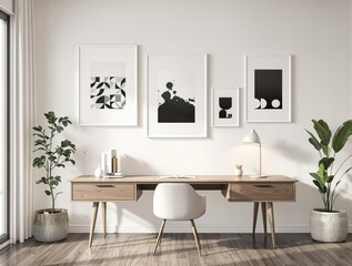 Chic home office with a modern desk and black and white art prints on the walls, productivity, creativity