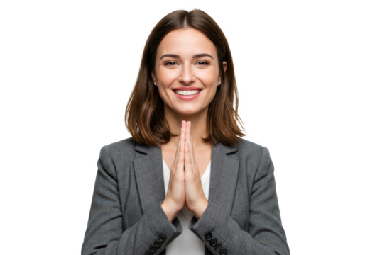 A cheerful woman with shoulder-length brown hair, wearing a gray blazer and a white blouse, clasping her hands isolated on transparent background