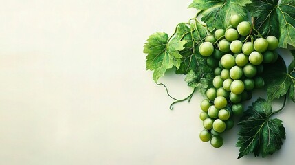 Obraz premium Detailed Bunch of Green Grapes with Leaves Isolated on Background
