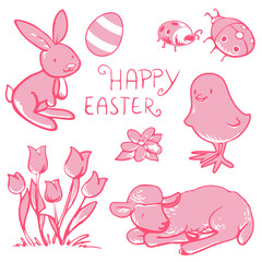 Easter set pink rabbit egg flowers sheep vector