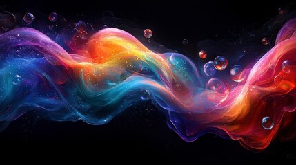 Abstract colorful flowing wave with bubbles.