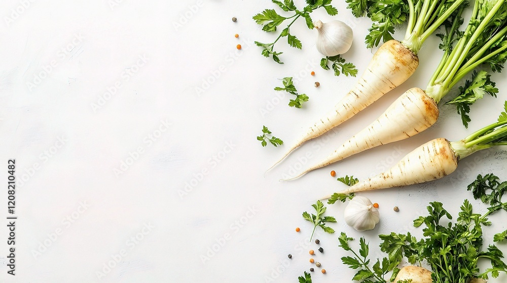 Poster fresh parsnip and green herb arrangement on white background