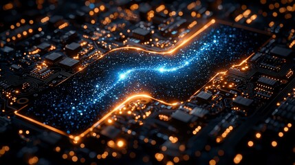Abstract glowing data stream on circuit board.
