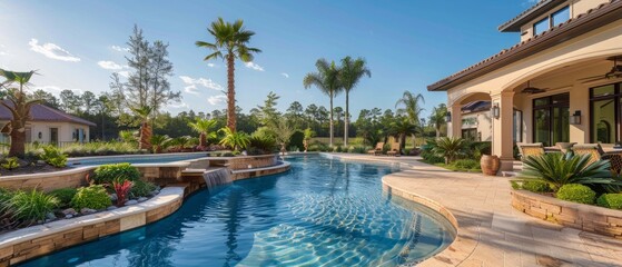 Stunning luxury pool and backyard landscape at a million-dollar home. Exquisite design with pristine waters, lush greenery, and elegant details for a perfect oasis retreat.