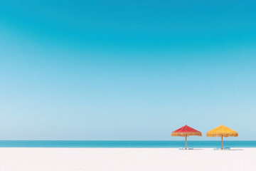 Fototapeta premium Two beach umbrellas are on the beach, one yellow and one red