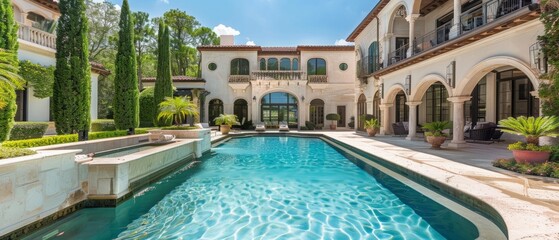 Stunning luxury pool and backyard landscape at a million-dollar home. Exquisite design with pristine waters, lush greenery, and elegant details for a perfect oasis retreat.