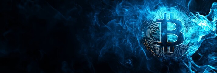 Bitcoin cryptocurrency is glowing in abstract blue and orange flames on a black background, representing the volatile and exciting nature of digital currency investment