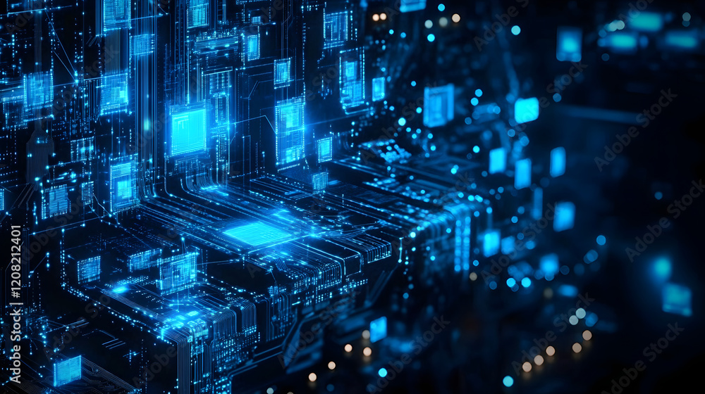 Poster abstract digital circuitry design with glowing blue elements on a dark background.