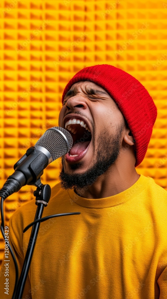 Poster young man with red woolen hat and yellow sweatshirt passionately singing into a microphone in a reco