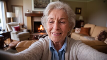 Fototapeta premium Happy senior woman taking a selfie in a cozy living room, with a fireplace in the background, radiating warmth and contentment.